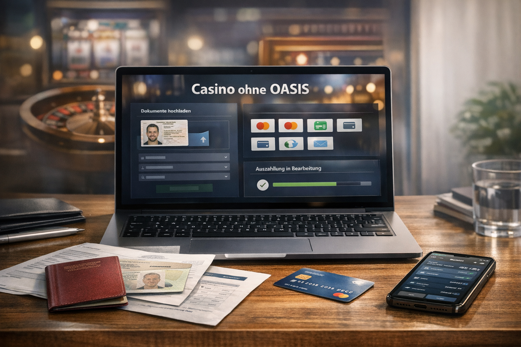 Laptop mit Casino ohne OASIS Oberfläche, zeigt Verifizierung, Dokument-Upload, verschiedene Zahlungsoptionen und Auszahlungsstatus. Auf dem Schreibtisch liegen Ausweis, Rechnung, Bankkarte und Smartphone mit Banking-App, moderne seriöse Szene in neutralen Business-Farben.